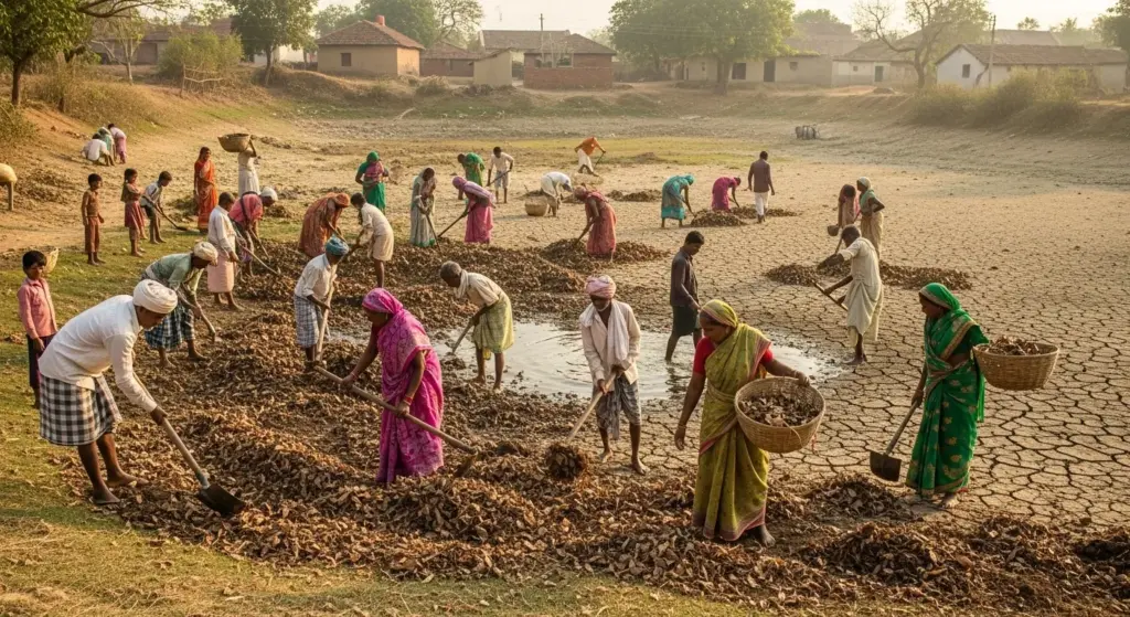 Villagers cleaning an old dried pond together