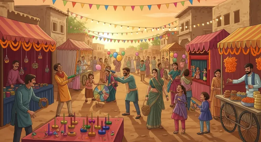 Villagers enjoying traditional fair activities and rides