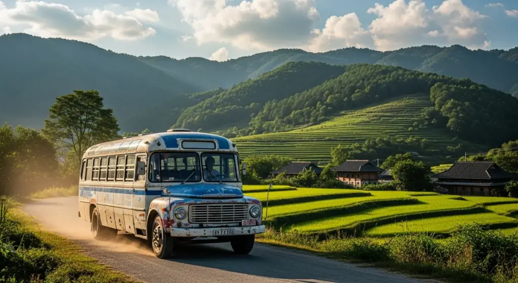 gaon ke rasto par bus, pahadi background mein