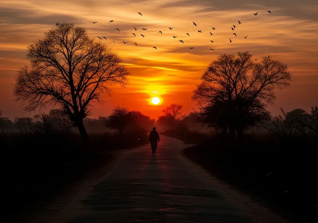 A lonely traveler walking on a village road into a warm sunset