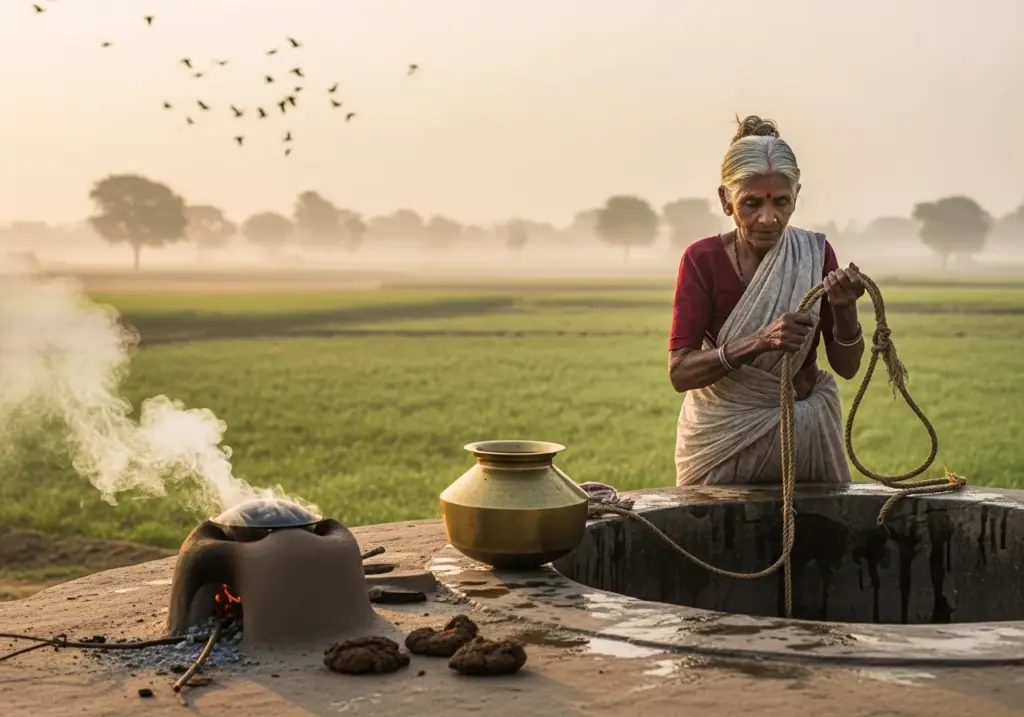 A peaceful rural Indian morning an old woman drawing water from a well