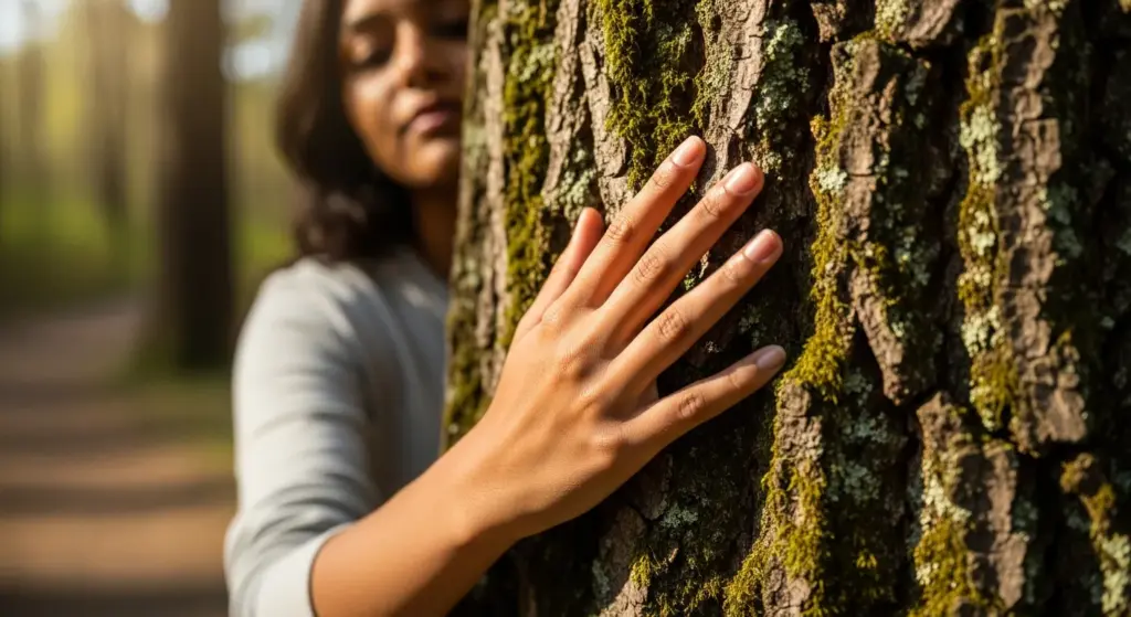 Close-up of Indian woman touching tree bark while traveling in forest trail
