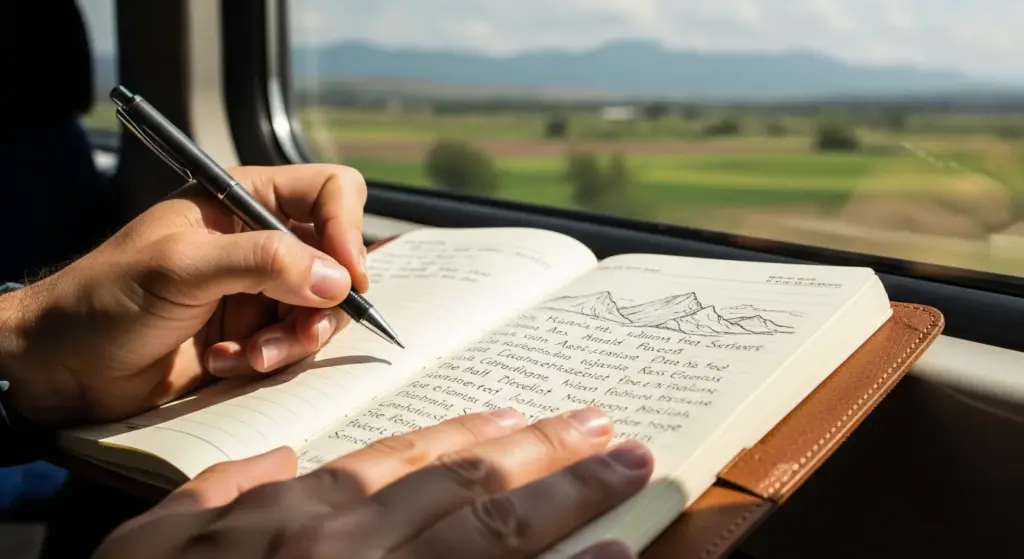 Close-up of a hand writing in a travel diary inside a train.