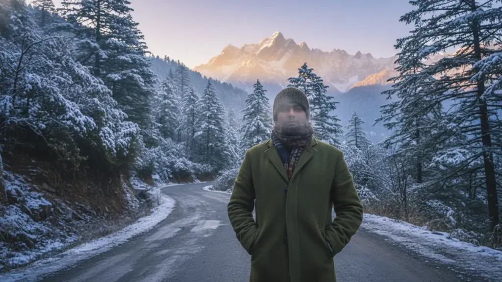 Close-up of a person standing on a quiet mountain road in early morning