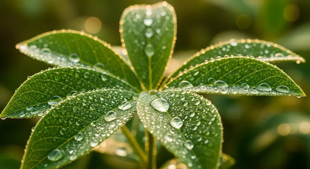 Close-up of morning dew drops on leaves with soft sunlight