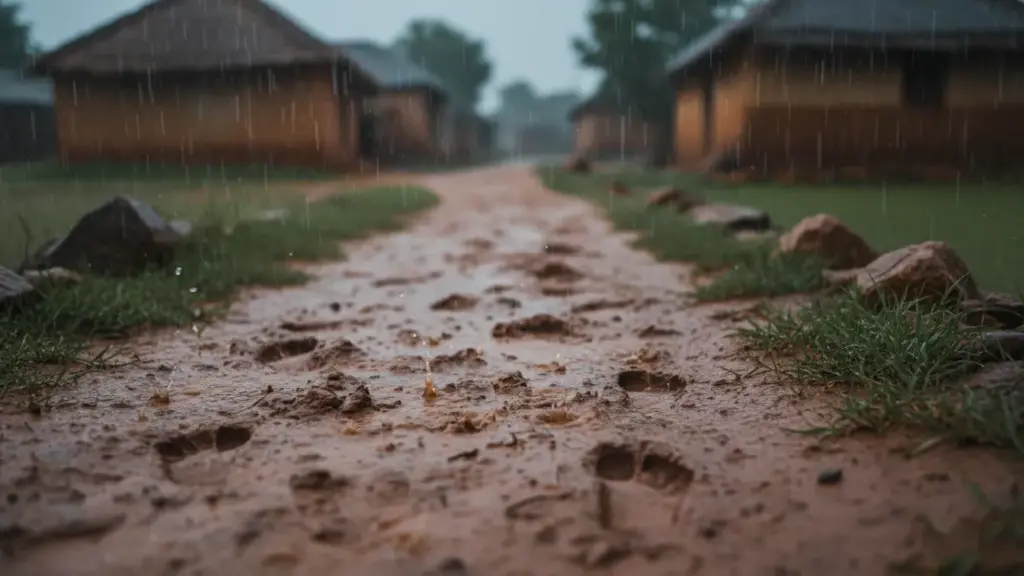 Close-up of muddy village path with raindrops falling, footprints, rustic Indian village