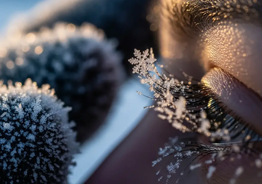 Close-up of snowflakes and emotional reaction