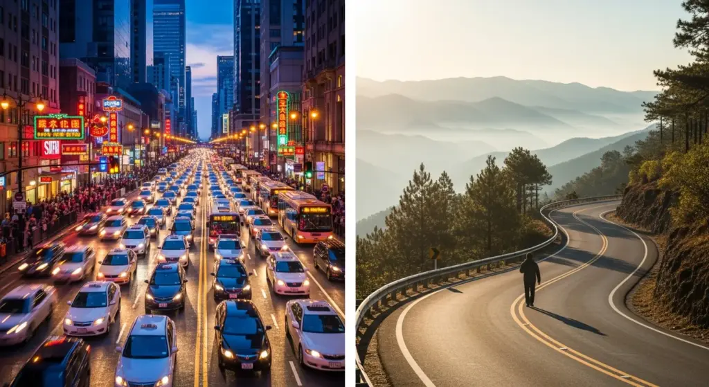 Comparison busy city traffic and peaceful mountain road walk – life journey metaphor