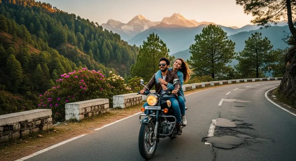 Couple driving on Indian hillside road