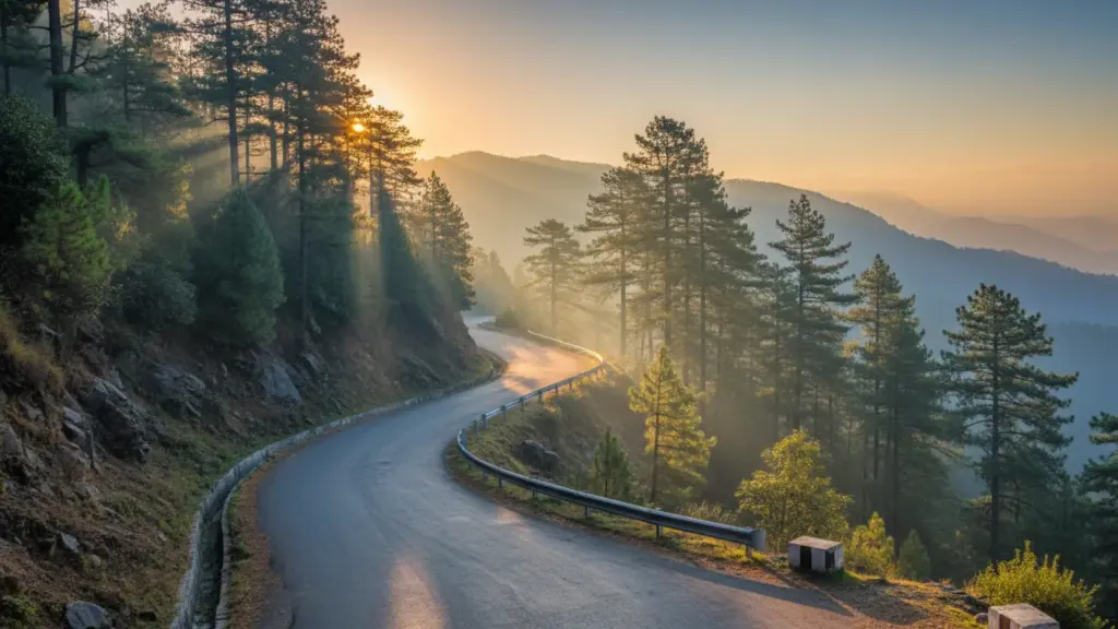 Early morning cold breeze in Indian mountains, curvy hill road, soft golden sunrise filtering through pine trees,