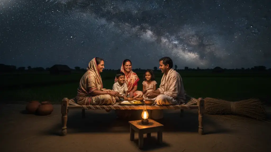 Family sitting under starry sky in a village without electricity