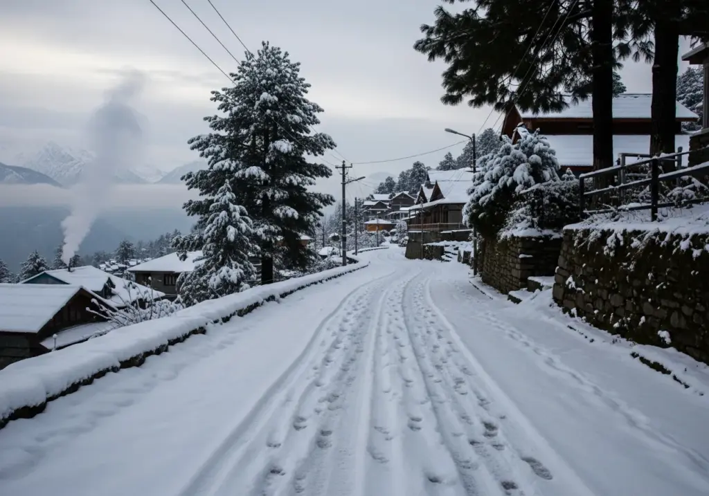Footprints on snow-covered Indian mountain road