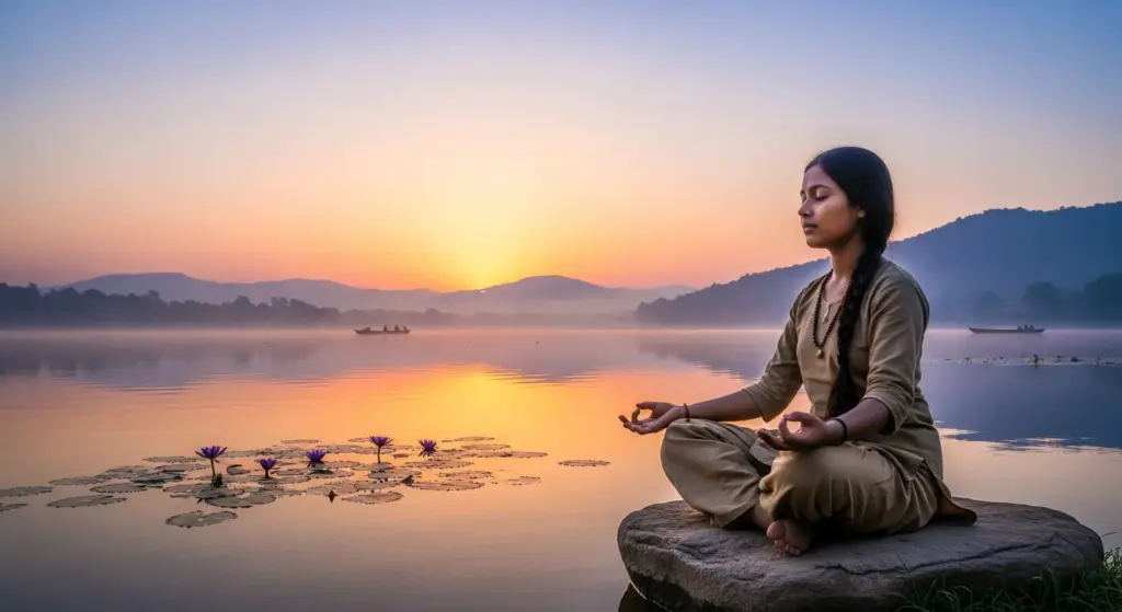 Indian girl meditating by lake