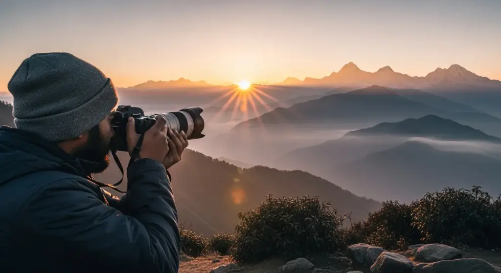 Indian photographer capturing nature with sunlight in mountains