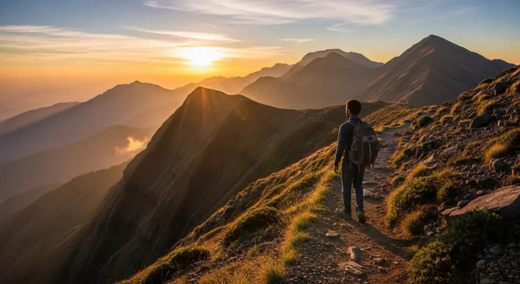 Solo traveller by lake at sunset reflecting on journey