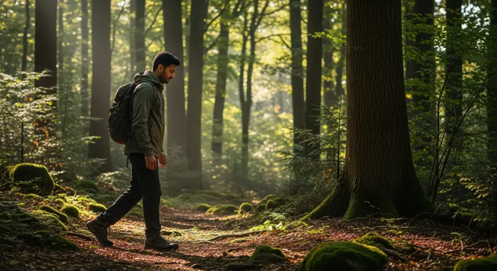 Indian solo traveller walking along forest path reflecting on life journey