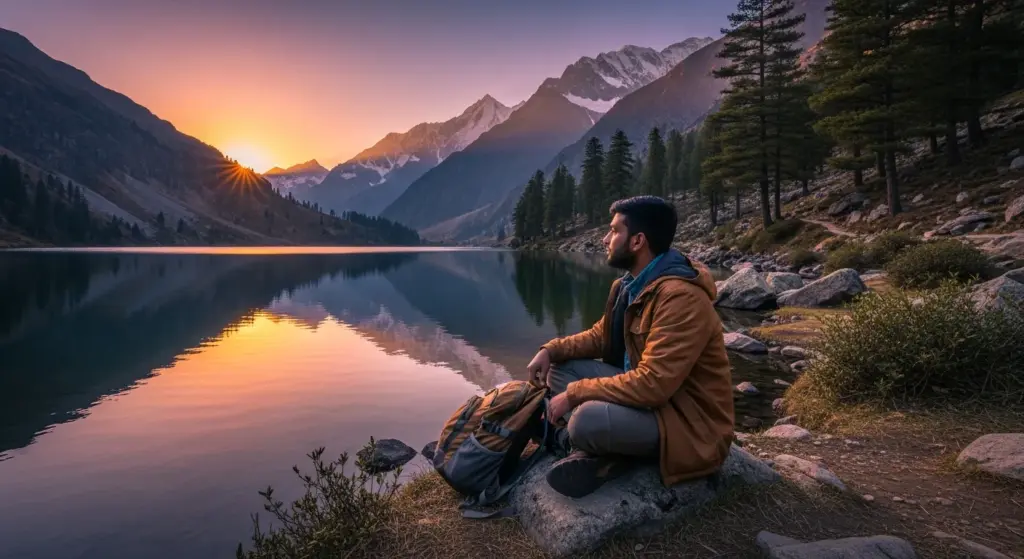 Indian traveler sitting near a mountain lake during sunset