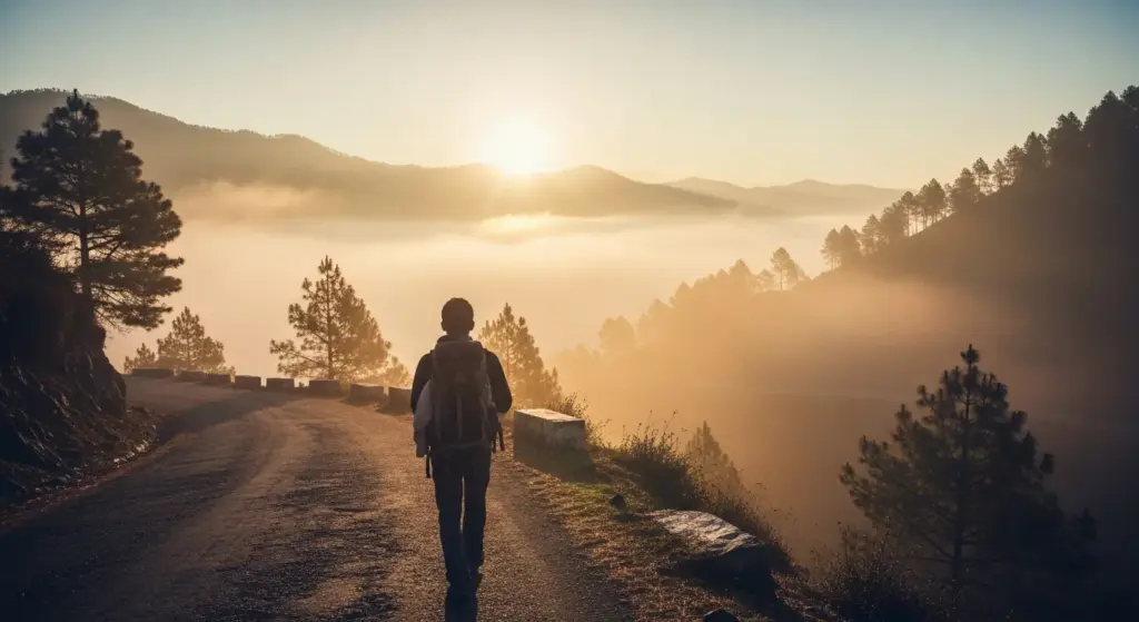 Indian traveler walking on a mountain road during sunrise reflecting self-discovery