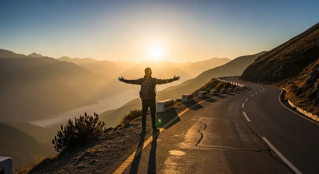 Indian traveller on winding mountain road at sunrise – symbol of life journey