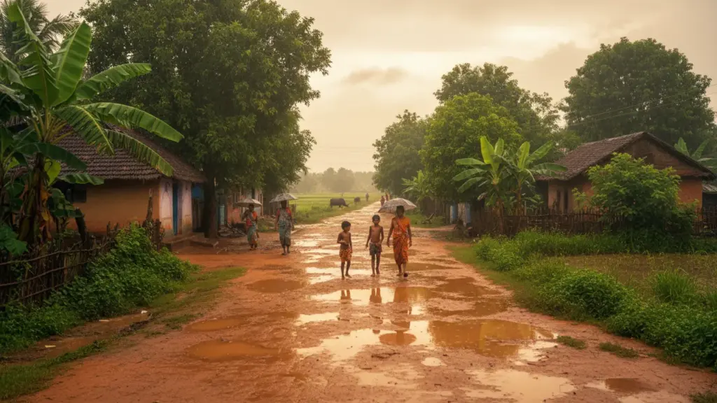 Indian village lane in monsoon, wet mud, water puddles, green surroundings, warm rural vibe, wide-angle