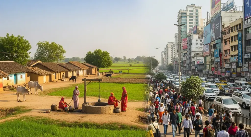 Indian village simplicity compared with city rush in one frame