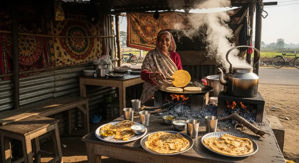 Local stall serving hot paratha and chai near Damdama Lake..496Z