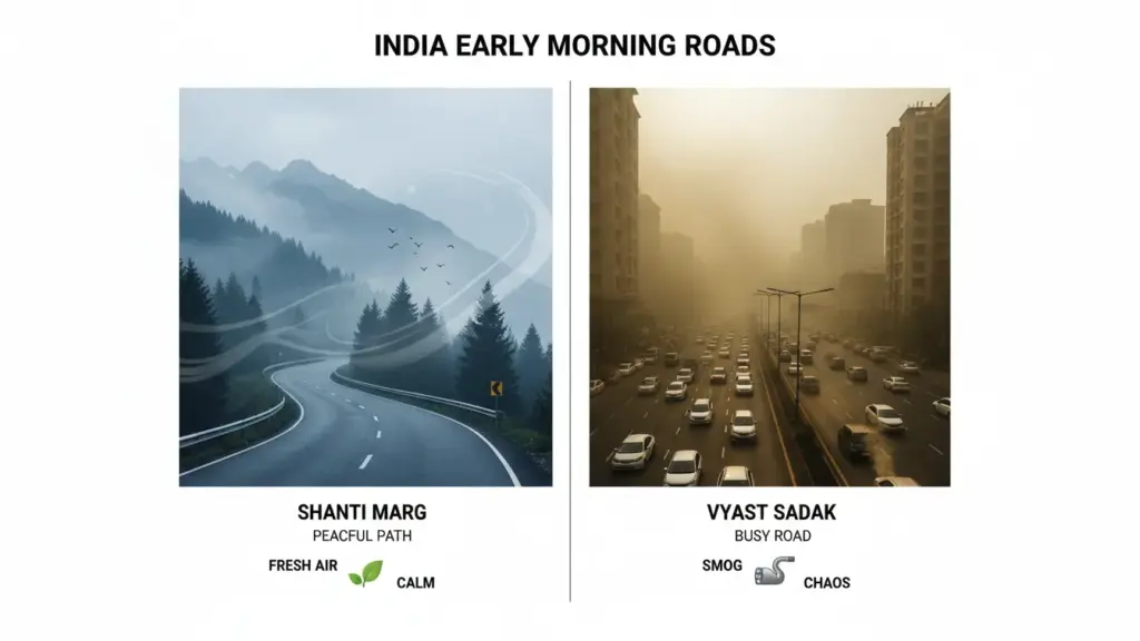Minimalistic side-by-side visual of mountain road vs city road early morning