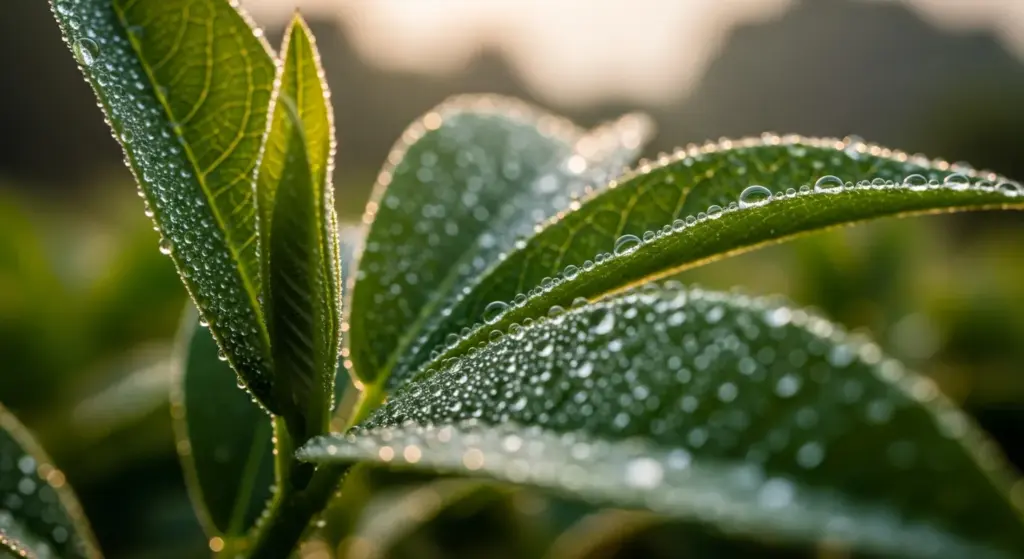 Morning dew drops on leaves with sunlight in India
