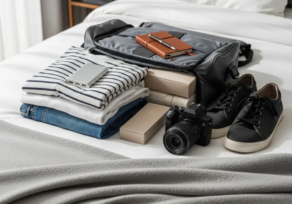 Organized travel bag with essential items for a smart and light trip