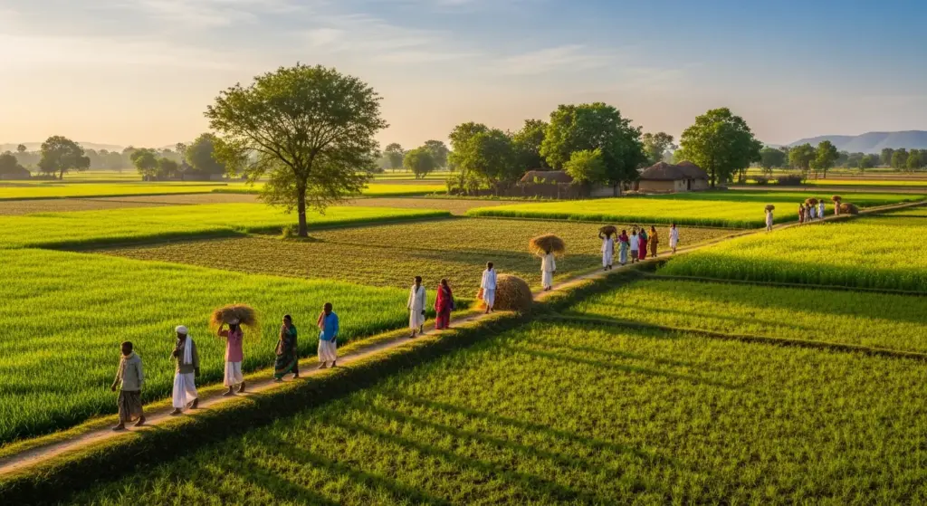 Peaceful Indian village scene with greenery and fresh air