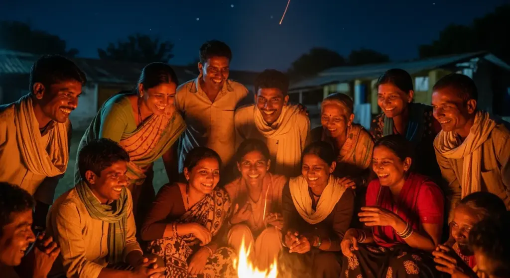 People sharing travel stories around campfire at night in India