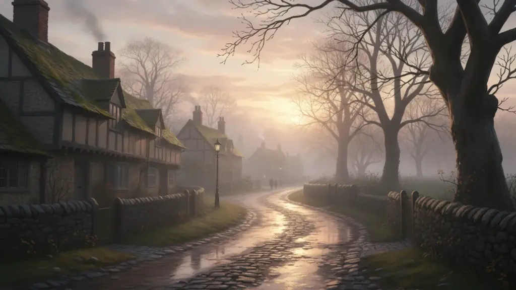 Soft sunrise over wet village lane, mist, calm mood