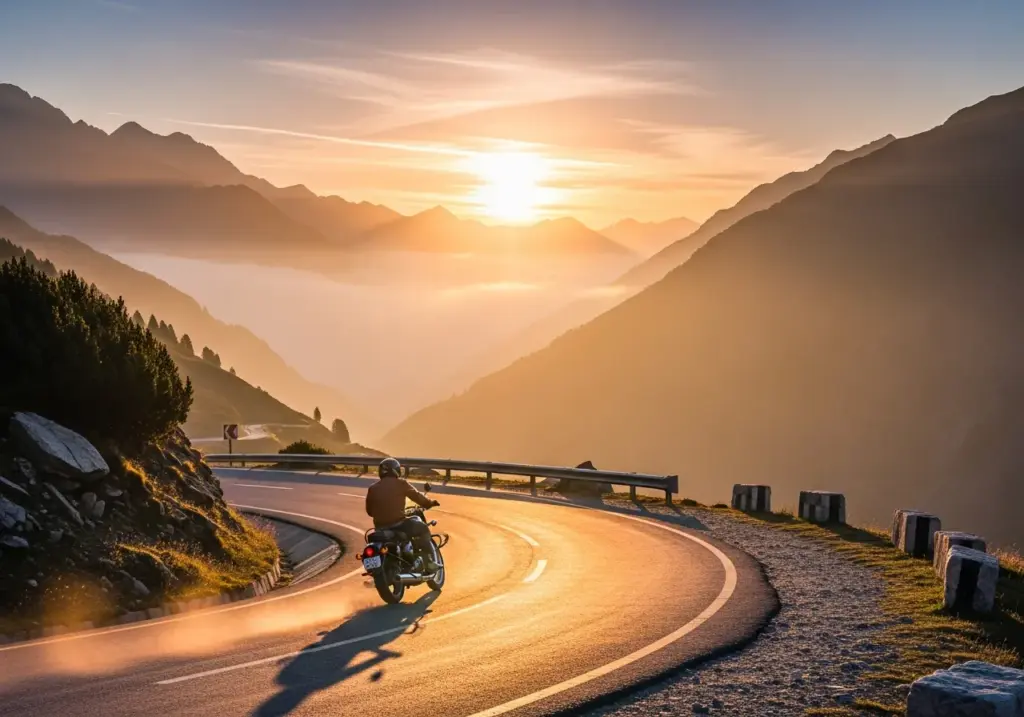 Sunrise on an Indian mountain road with a biker riding through light fog
