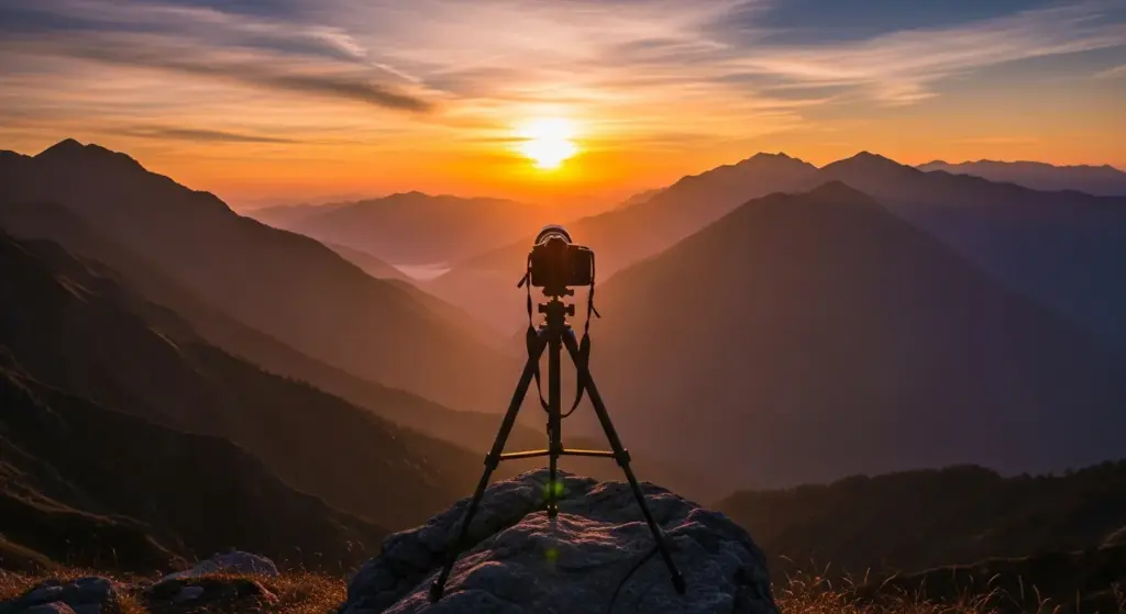 Sunset over Indian mountains with camera silhouette.