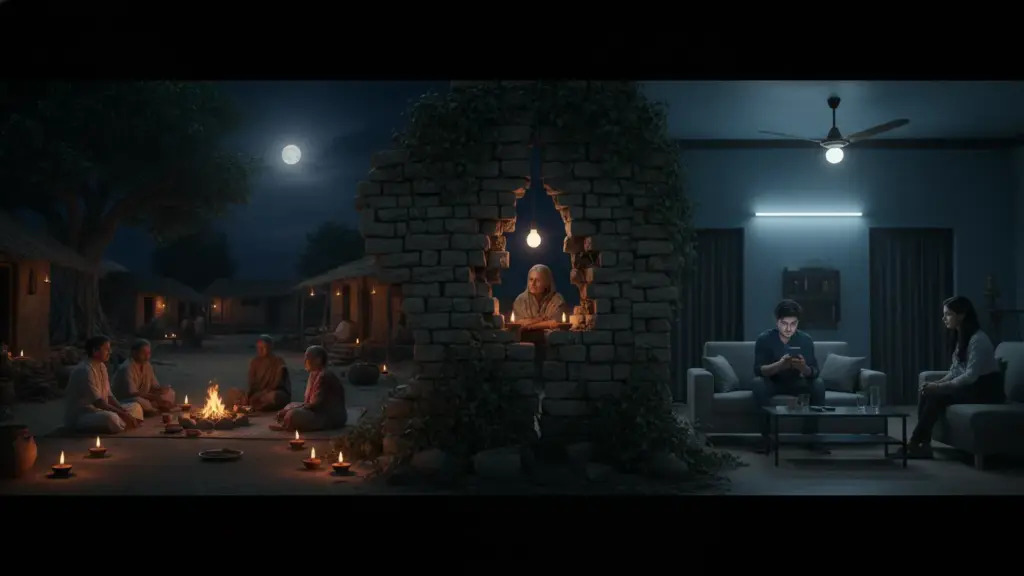 Traditional oil lamp lighting up a dark village home