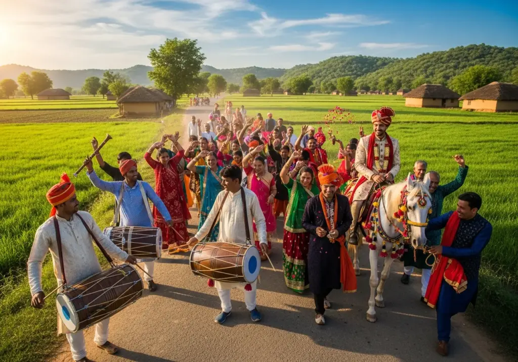 Traditional village wedding procession with drums and dancing people
