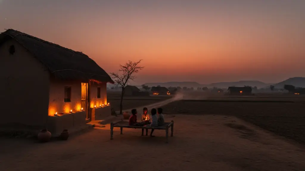 Village at dusk without electricity
