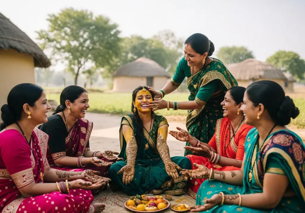 Women applying haldi and mehndi to the bride in an Indian village