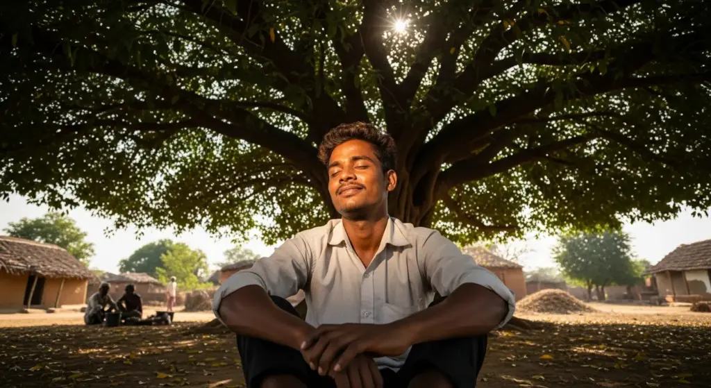 Young Indian enjoying peace under tree in rural India