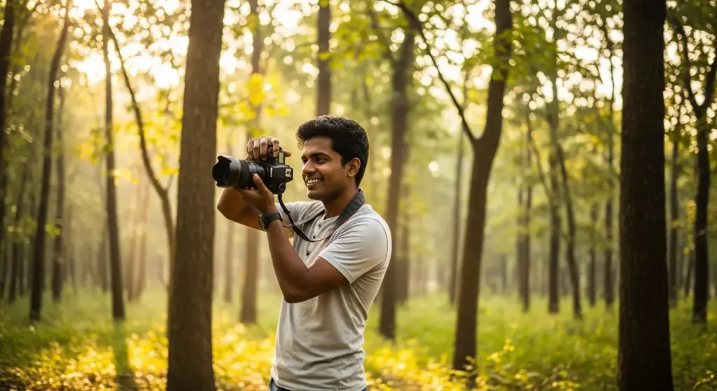 Young Indian man photographing trees happily in forest