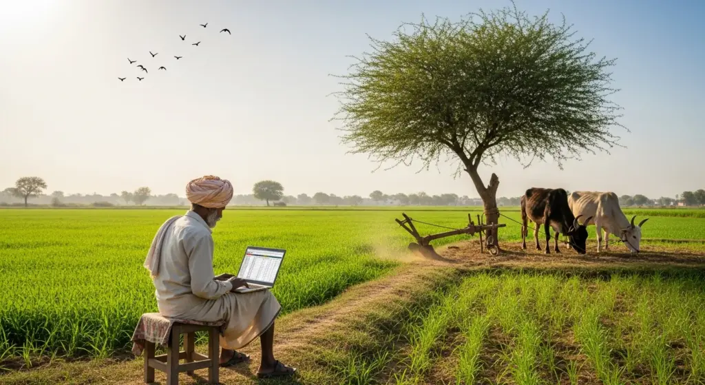 Young Indian man using technology in village farm setting