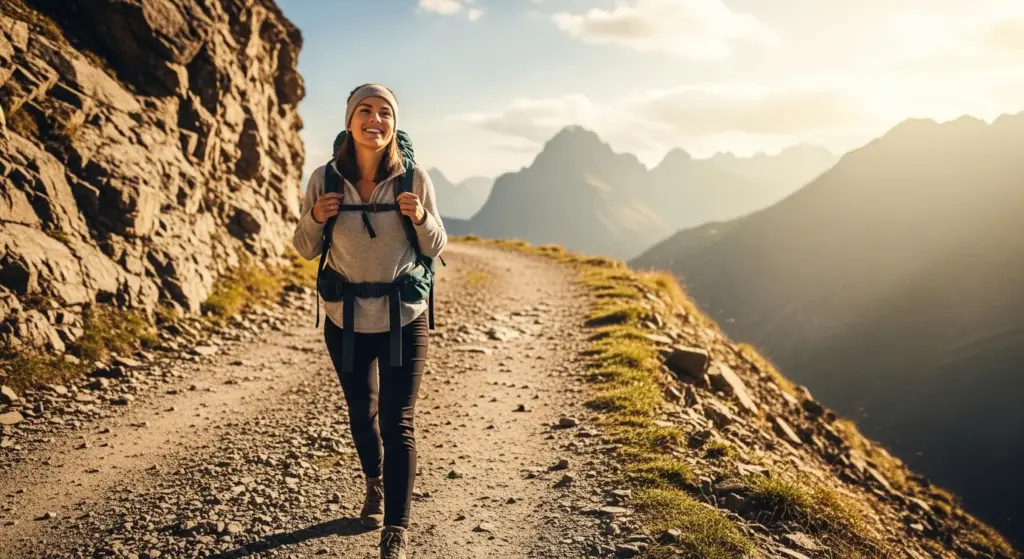 arrow mountain road with traveler smiling under sunlight