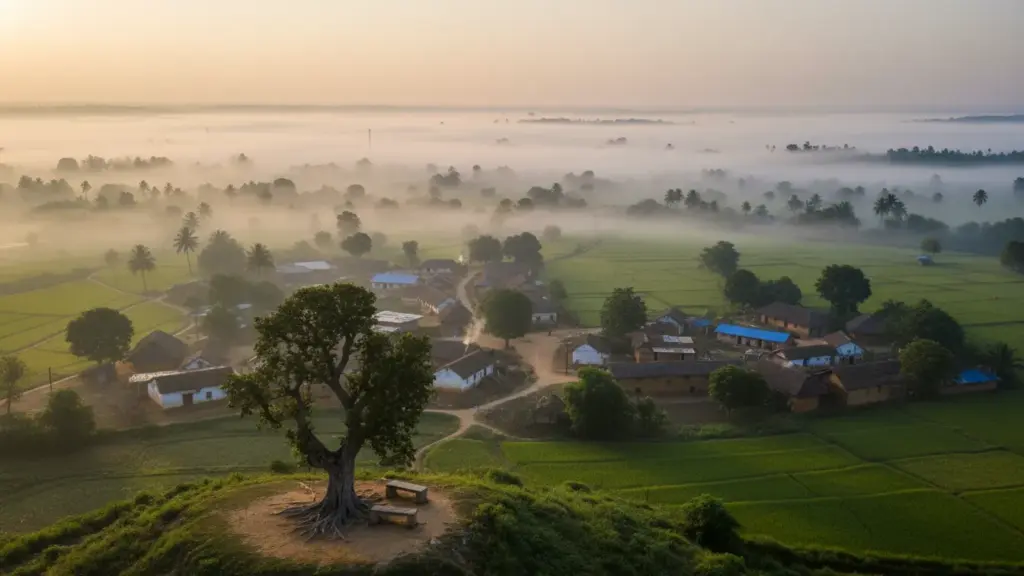 close-up view of village from hilltop, Indian rural houses, fog, greenery, emotional tone