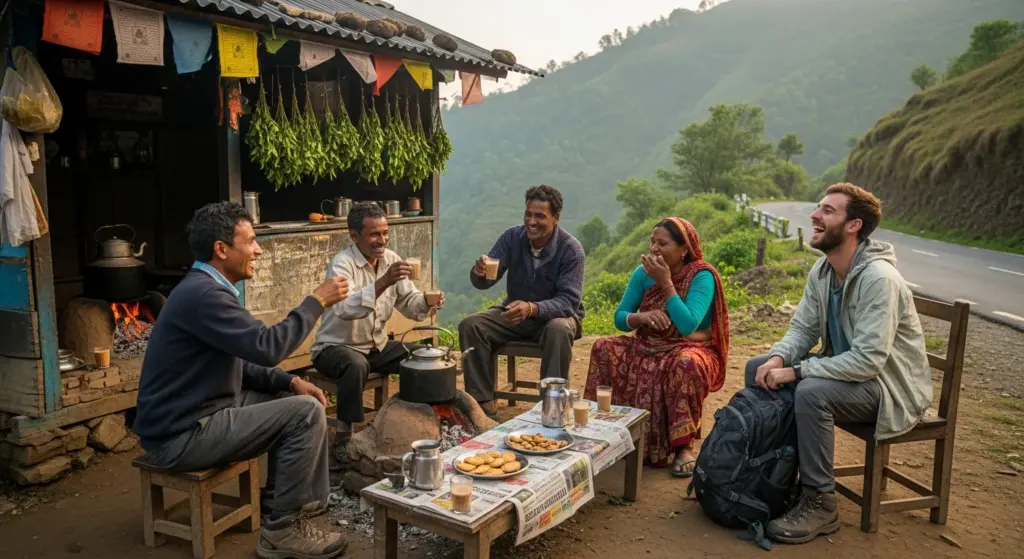 group of locals and traveler laughing at roadside tea stall