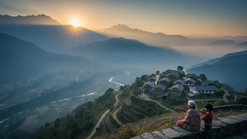 mountain top village view, wide landscape, early morning light, Indian rural valley