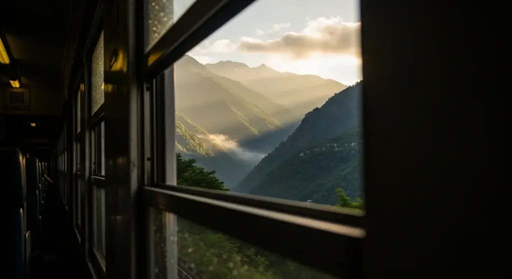 rain window view of Indian countryside showing peaceful travel moment