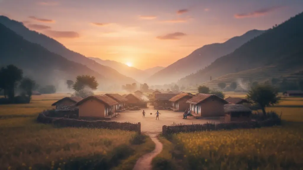 soft-focus village at sunset, hope, nostalgia, Indian rural mountains