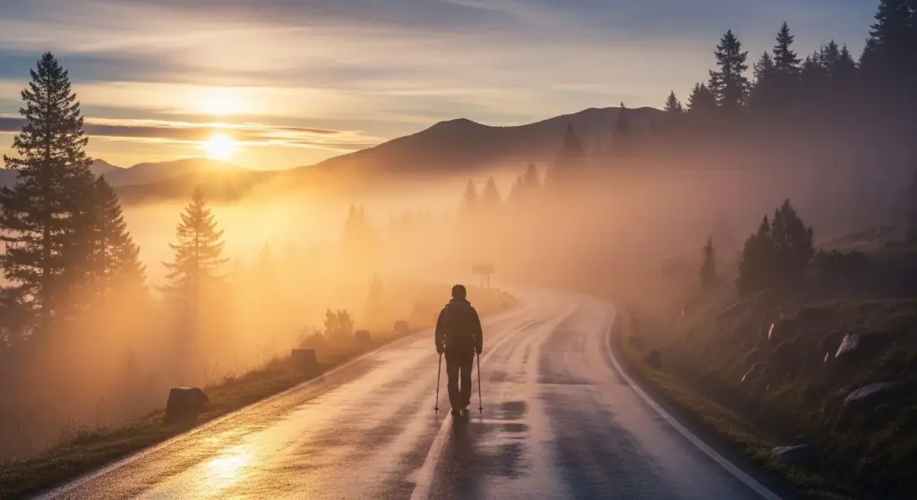 sunrise over misty mountain road with traveler walking alone