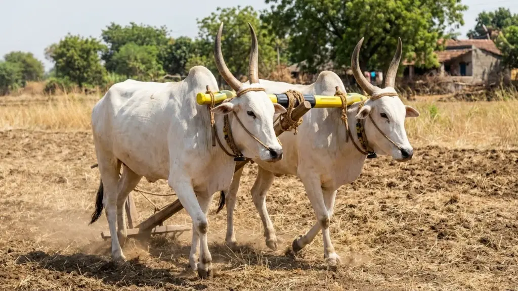 Indian Farmer plowing a field with two oxen in early morning light