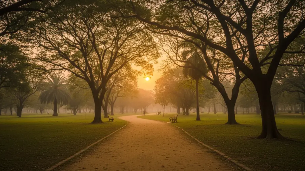 A quiet Indian park with yellow sunset light falling on tall trees